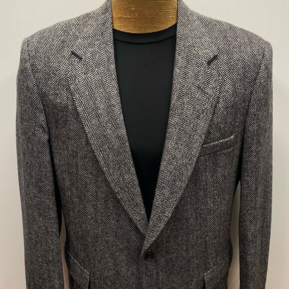Towncraft 100% Shetland Wool Gray Herringbone Men 44L Blazer 2 Button Sport Coat - Picture 2 of 11